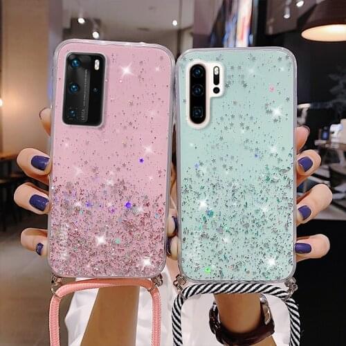 Bling Glitter Star Lanyard Neck Strap RopeCase For Huawei Honor Mate 7 Play V10 7S V9 9 7A 8X MAX V30 P Smart Z 2019 Case Cover