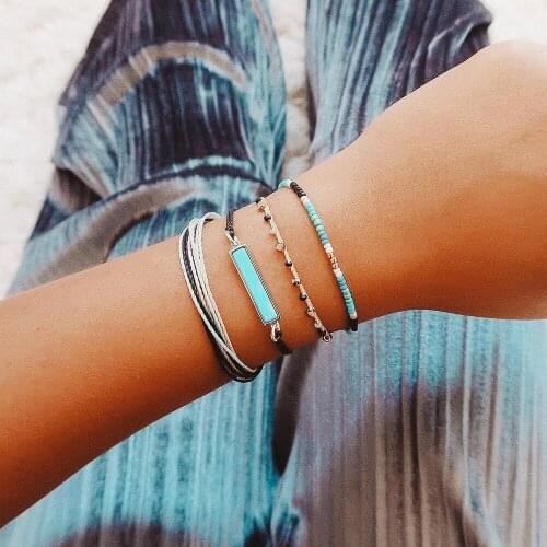 Bohemia Lady Bangles Bracelet Jewelry 4Pcs/Set Handmade Braided Blue Jewelry Bracelet Beads String Women Bracelet Friend Gift