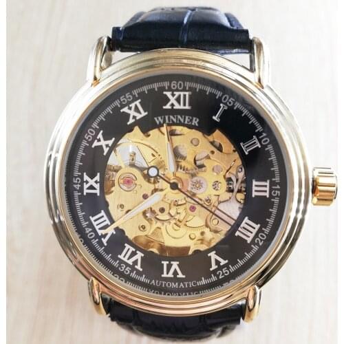 WINNER Luxury Men Mechanical Watches Leather Band Fashion Hot Mens Automatic Skeleton Gold Watches relogio masculino Men Watch