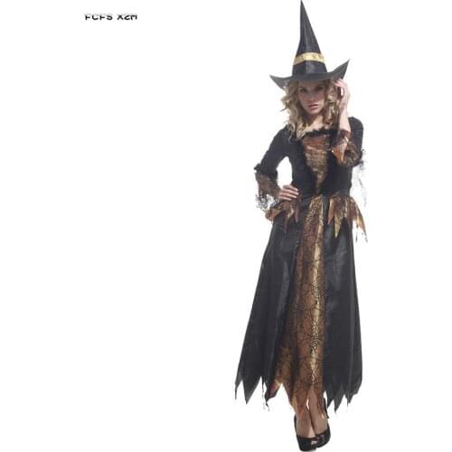Black Gothic Woman Halloween Witch Costumes Female Sorceress Cosplay Carnival Purim parade Masquerade Nightclub Role play dress