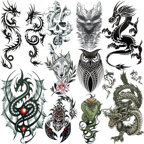 Black Animal Temporary Tattoo Dragon Snake Owl Wolf Fake Tattoo Sticker Evil Death Skull Demon Arm Tattoo For Women Men Children