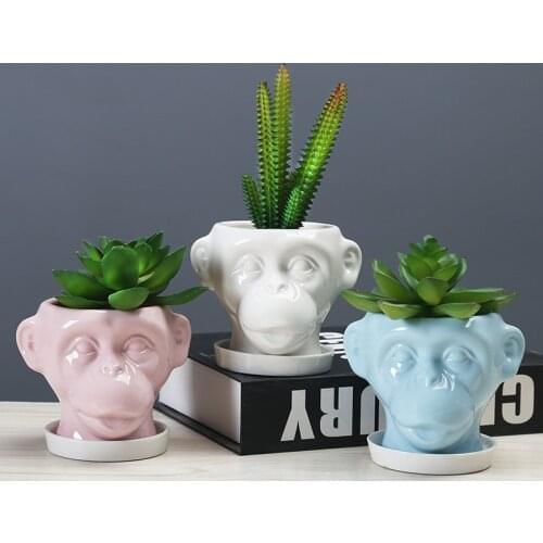 Cartoon Monkey Ceramic Flower Pots Animal Succulents Plant Pot Containers Home Outdoor Garden Planters with Tray Desktop Decor