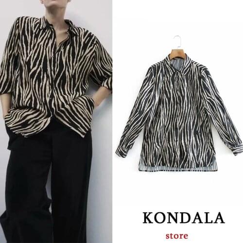 KONDALA Za Fashion 2021 Women Shirts Zebra Striped Vintage Long Shirts Elegant Loose Blouse Chic Mujer Top