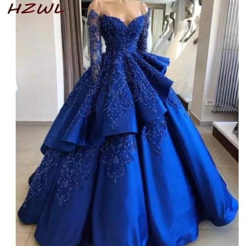 Royal BlueProm Dresses Layers Full Sleeves Lace Appliques Sequins Beaded Ball Gown Evening Dress Vestidos Arabic Party Dress