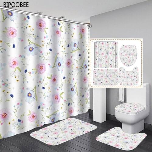 Beautiful Flowers Fabric Shower Curtain White Anti-skid Rugs Toilet Cover Bath Mat Carpet Durable Bathroom Curtains with Hooks