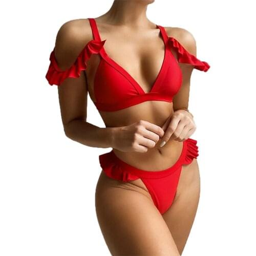QINJOYER Ruffle Swimsuit Women Red Mini Thong Bikini Bathing Suit 2 Pieces Swimsuit Halter Women Swimwear Sexy Micro Bikini Set