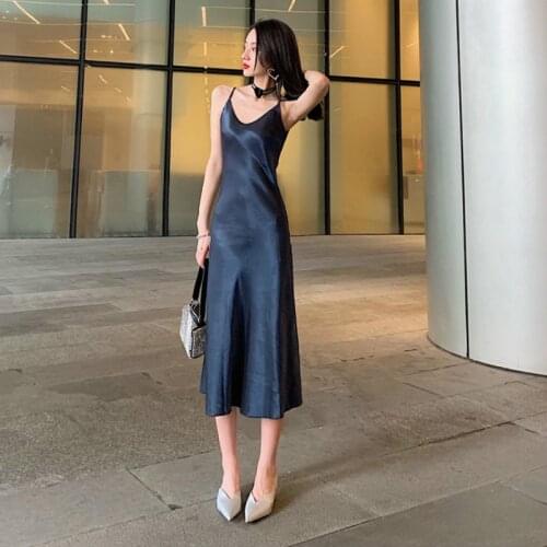 High Quality Women Sexy Satin Dress Spaghetti Strap Silky Long Dress Elegant Slim Long Dress Party Dress Vestidos De Fiesta