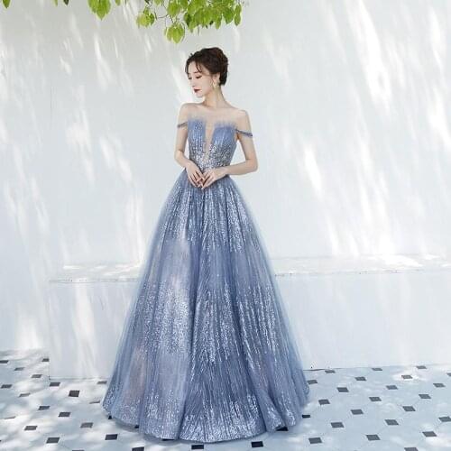 Blue Romantic Fairy Off the Shoulder Evening Dress Aura Queen Temperament Sexy Queen Banquet Elegant Birthday Prom Dress A062