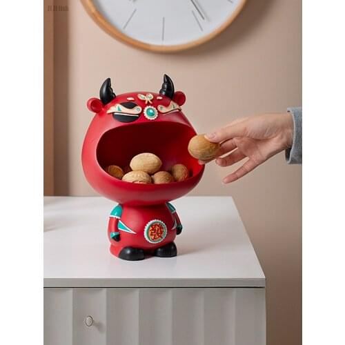 Chinese Resin Red Cow Sculpture Storage Box Living Room Desktop Decoration Multi-function Candy Snack Storage Jar Birthday Gift