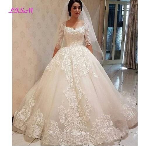 Princess Wedding Dresses 2020 Ball Gown 1/2 Sleeves Lace Appliques Wedding Gowns Arabic Formal Vestido De Noiva