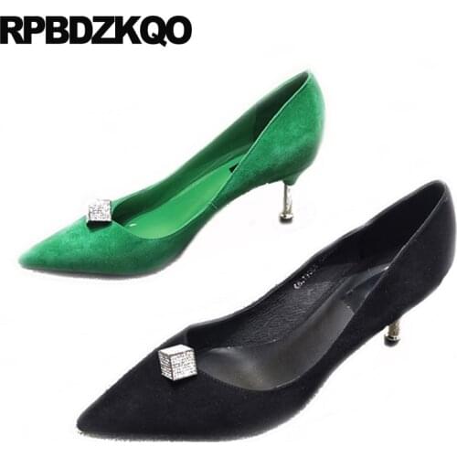 Size 4 34 slip on 2019 stiletto ladies 3 inch green medium heels suede pumps thin high shoes pointed toe black fashion scarpin