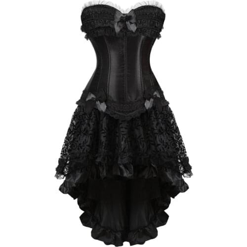 Gothic Corset Skirt for Women Corselet Steampunk Lace Trim Zip Bustier Dress Carnival Party Club Night Costumes Satin Plus Size