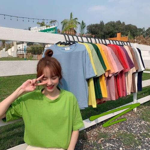 Short Sleeve T-Shirts Womens 2020 Summer Fashion New Loose O-Neck Students Solid Color T-shirt Tops Female Basic tshirt Mw1031