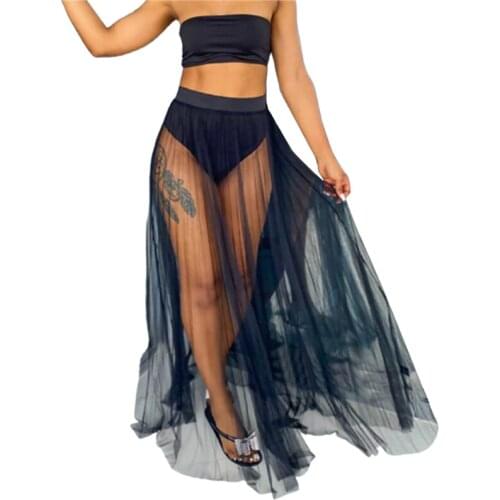 Women 3pcs Bikini Set Strapless Bandeau Tops Swim Brief Mesh Pleated Maxi Skirt Swimsuits Suits 2021 Summer Women Swimming Suits