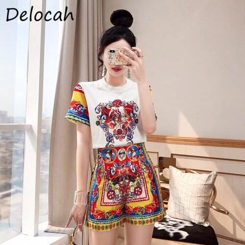 Delocah New 2021 Summer Women Fashion Runway Shorts Set Short Sleeve Loose Tees + High Waist Vintage Shorts 2 Two Pieces Set