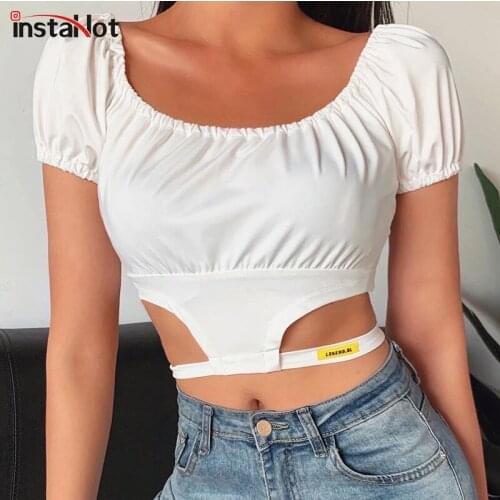 InstaHot Women Crop Top Summer Short Sleeve Hollow Out T shirt for Female White Casual Sexy Vitnage t shirt 2020 Fashion Top