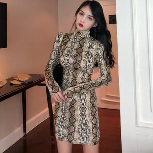 Turtleneck Bodycon Summer Dress 2020 Women Long Sleeve Snake Print Club Party Sexy Dresses Plus Size Vestidos Robe Femme