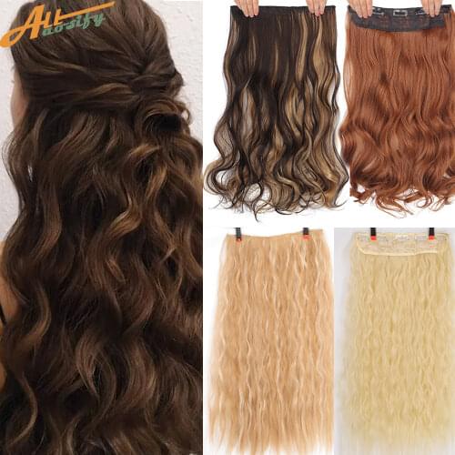 Allaosify Long Curly Clip in One Piece Synthetic Hair Extension with 5 Clips Black Brown for Womens Long Wigs