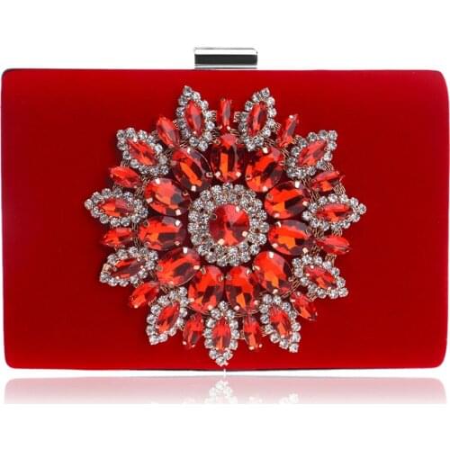 Diamonds Velvet Red Evening Bags Women 2021New Crystal Retro Small Square Handbags Ladies Fashion Dinner Purse Wedding Clutch