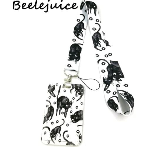 Black Cats Hearts Love Fashion Lanyard ID Badge Holder Bus Pass Case Cover Slip Bank Credit Card Holder Strap Card Holder Gifts