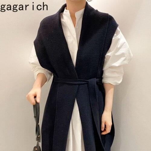 Gagarich Women Elegant 2 Piece Set Korean Chic Simple Loose Bubble Sleeve Shirt Dress V-neck Strap Waist Closing Long Knit Vest