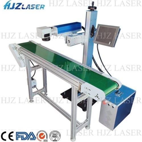 HJZ 50W effective working fiber fly laser fiber marking machine with conveyor belt