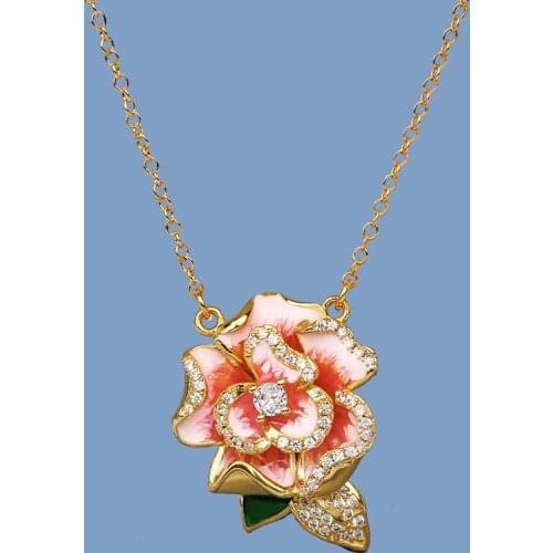Exquisite Womens Flower Pendant Necklace Pink Enamel Womens Jewelry Elegant Fashion Party Jewelry Sweater Chain