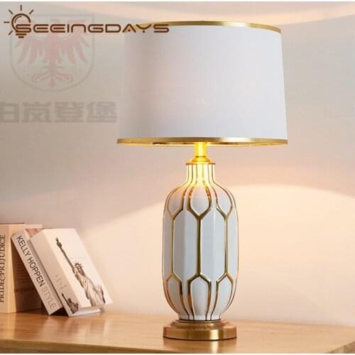 American Style White and Gold Ceramic Table Lamps for Bedroom Living Room Gold Foil Home Bedside Lamp Home Decorative Desk Lamp