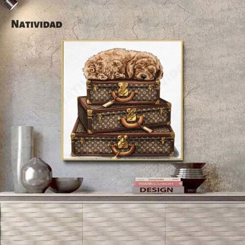 Lazy Puppy Lying On The Suitcase Modern Realism Impression Oil Painting Texture Hall Bedroom Art Deco Waterproof Ink Canvas