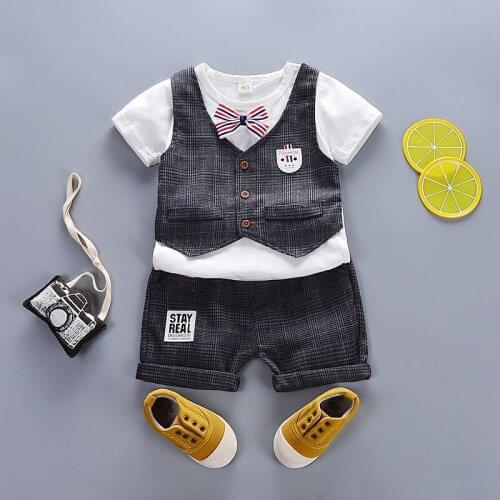 Summer Children Baby Boys Clothes Kids Casual fake 2pcs T-shirt Striped Shorts 2 Pcs/sets Toddler Clothing Infant Tracksuits set