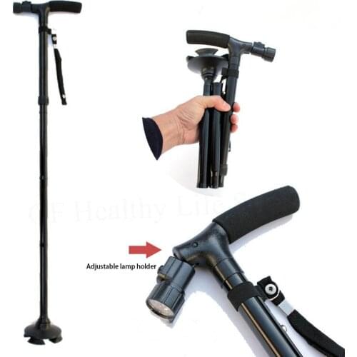 Old Peoples Cane Medical Crutches Folding LED Safety Walking Stick Magic Cane 4 Head Pivoting Trusty Base Black Lamp Crutches