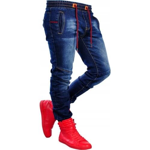 Mens Trousers Large Size Blue Wash Elastic Waist Simple Casual Ditch Stretch Medium Waist Small-Legged Tight Jeans
