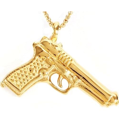 RIR Hip Hop Punk Style Gold Color Stainless Steel Desert Eagle Pistol Gun Pendants Necklace For Mens Military Jewelry