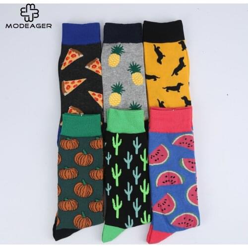 Modeager New Novelty Men Socks Colorful Food Fruit Pizza Cactus Pineapple 75% Cotton Harajuku Cool Skate High Socks for men