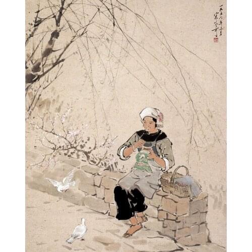 Scenery canvas prints modern Chinese artist masterpiece poster figurative picture China landscape woman and pegeon