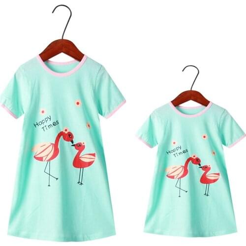 Unini-yun Mommy and Me Dress Mother Daughter Clothes Cartoon Girls Cotton Print Nightdress Short Sleeve Big Girls Cute Sleepwear
