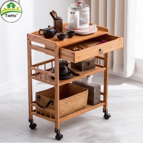 TieHo Solid Wood 3 Tier Shelf Serving Table with Wheels Drawer Kitchen Storage Cart Bar Cart Wine Tea Serving Cart Trolley