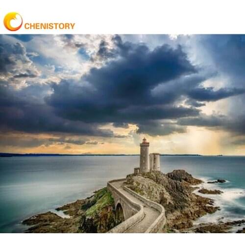 CHENISTORY 60x75cm Frame Diy Painting By Numbers Kits Dark Clouds Lighthouse Landscape Modern Wall Art Canvas By Number For Diy