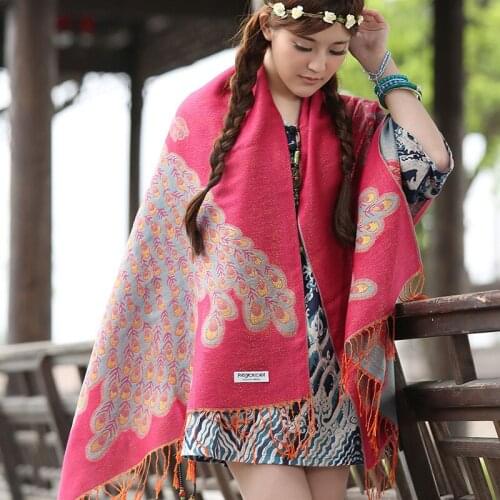 Ethnic Jacquard Fringed Shawl Autumn Winter Oversized Scarf Gorgeous Peacock With Gold Spring Muslim Head Scarves For Women