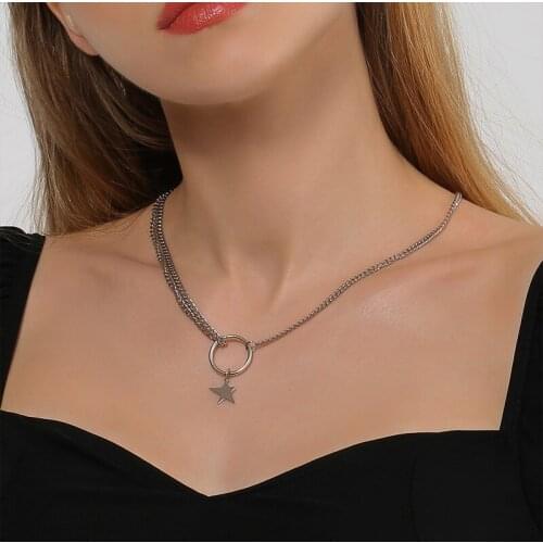 Punk Double Layer Chain Star Pendant Necklace Creative Womens Silver Metal Sweater Chain Fashion Hip Hop Party Jewelry