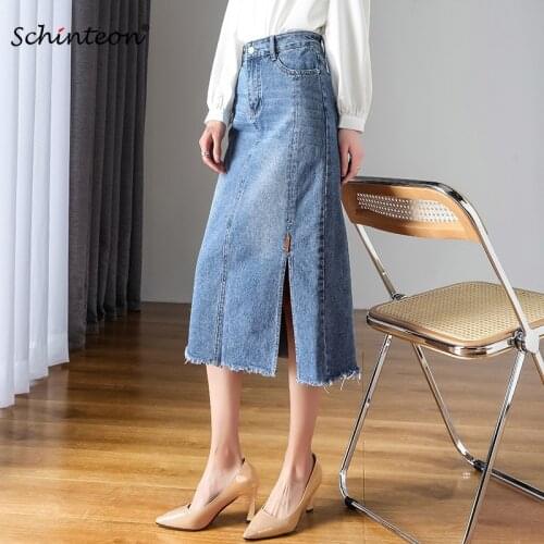 Schinteon Women Denim A-lined Skirt Jeans High Waist Big Size Long Spilt Casual Skirt Spring Summer 2021 New S-9XL