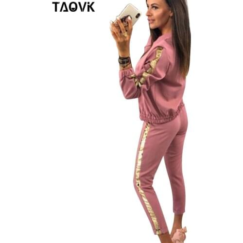 TAOVK Cotton Sport suit for Women 2 Piece Set Sequines Spring Fashion Zippers Suits Women Long Sleeve Sequin Womens Tracksuit