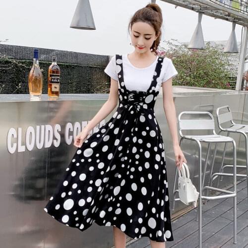 Vintage Two Piece Set Women Outfits Short Sleeve T-shirt and Polka Dot Chiffon Spaghetti Strap Dress Elegant 2 Piece Sets Q213