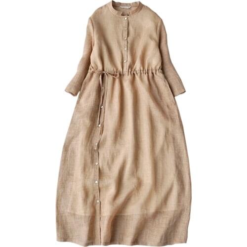Spring and summer new dress 7 / 3 sleeve fresh ramie long dress 2021 new womens pleated stand collar loose ramie Dress 0407