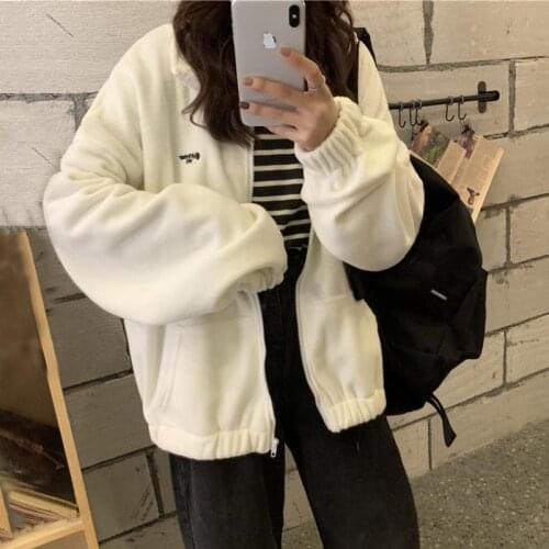 Women Coat Fleece Hoodies Autumn Streetwear Zip-Up Oversize Sweatshirt Jacket Trendy Solid Pocket Turn-Down Collar Women Outwear