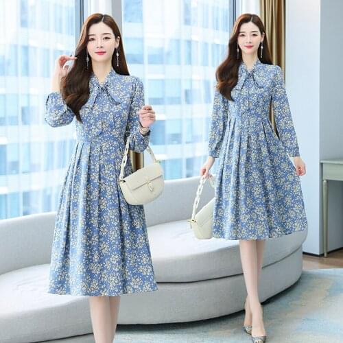 Blue Midi Chiffon Women Floral Dress Autumn Spring Runway 2021 Y2k Korean Fairy Long Sleeve Vintage Elegant Boho Party Dresses