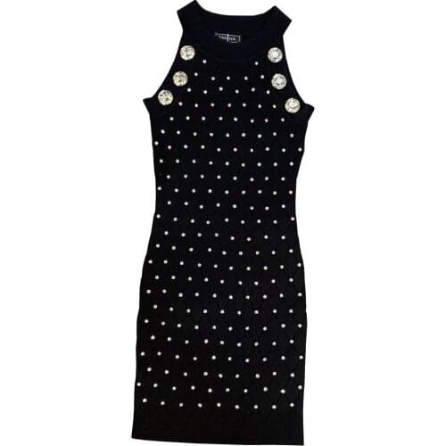 Spring Womens Fashion Beaded Knit Dresses Round Neck Sleeveless Slim Fit Sexy Party Casual Dress
