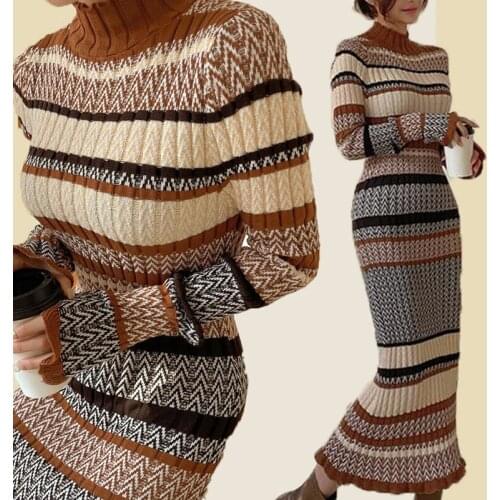 2021 New Elegant Striped Women Knitted Sweater Dresses Autumn Winter Stand Collar Color Matching Sheath Bottoming Long Vestidos