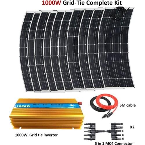 10pcs 100W Flexible Solar Panel Module with 1000W inverter 1000W Grid tie System solar panel home system kit
