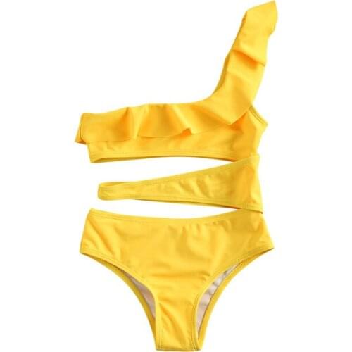 2021 Cute Girls Beachwear Summer Oblique Shoulder Cut Hollow Swimsuit Lotus Leaf Hot Spring Swimsuit Solid Bathing Suit